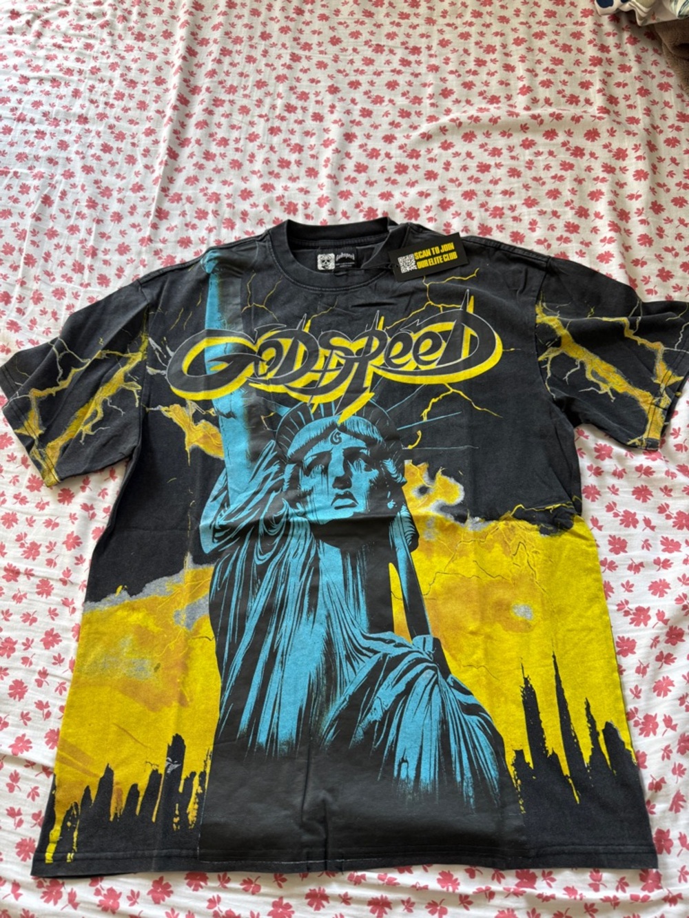 Godspeed - Yellow Voltage Black Short-Sleeve Tee with Yellow & Teal Statue